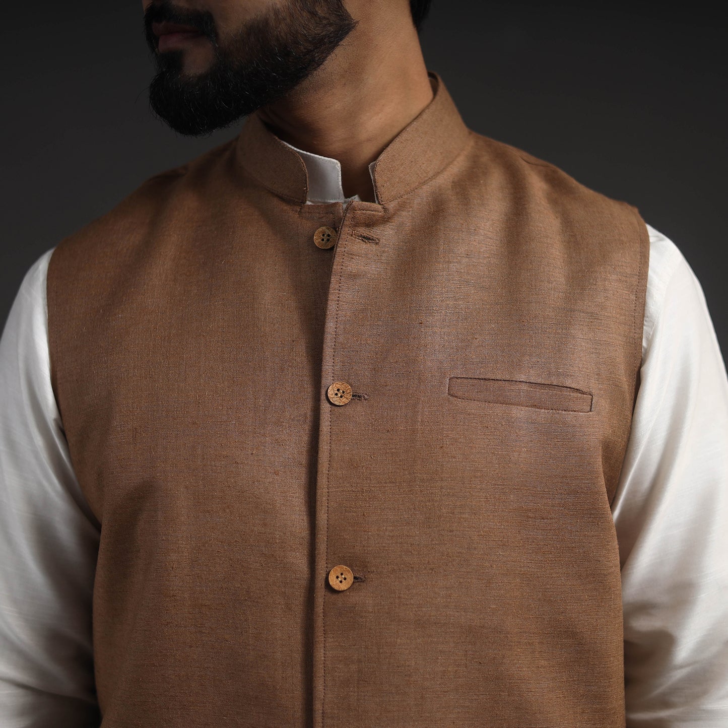 Brown - Vidarbha Tussar x Katia Silk Handloom Nehru Jacket 06