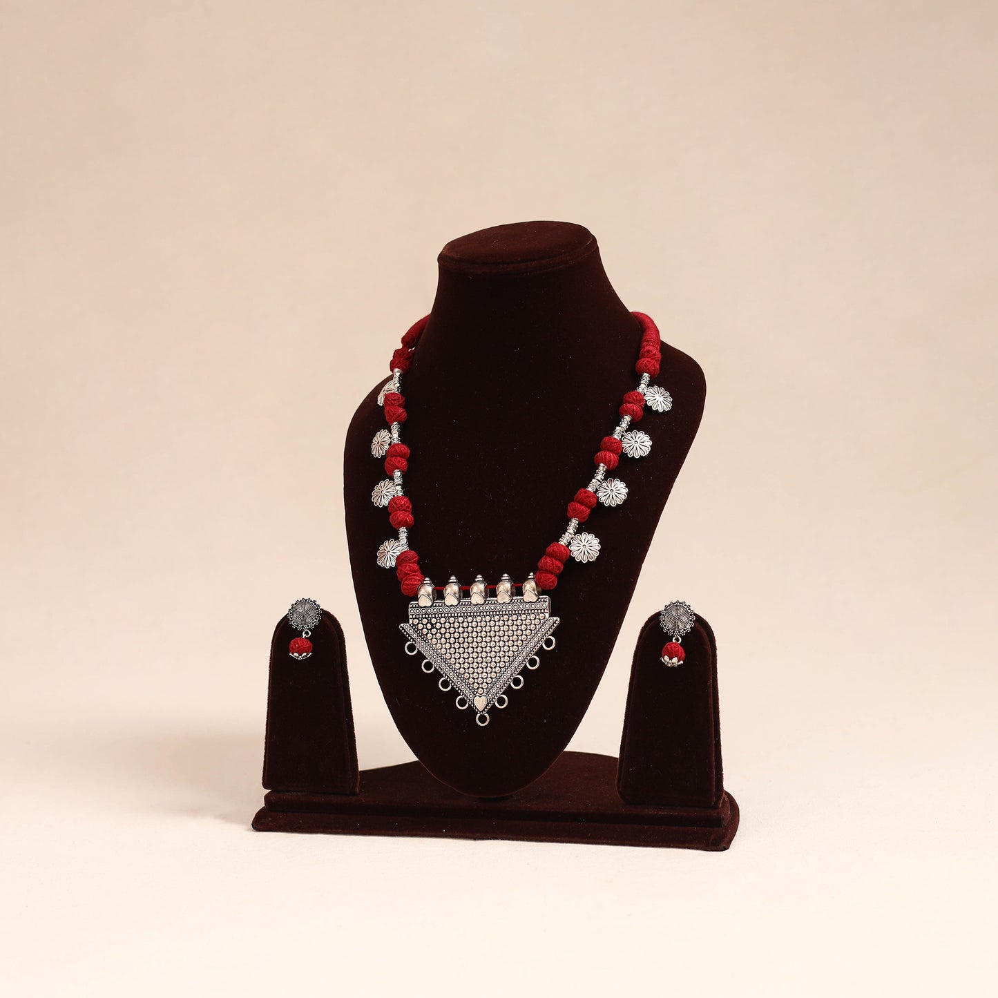 Red - german silver thread beads necklace set 35