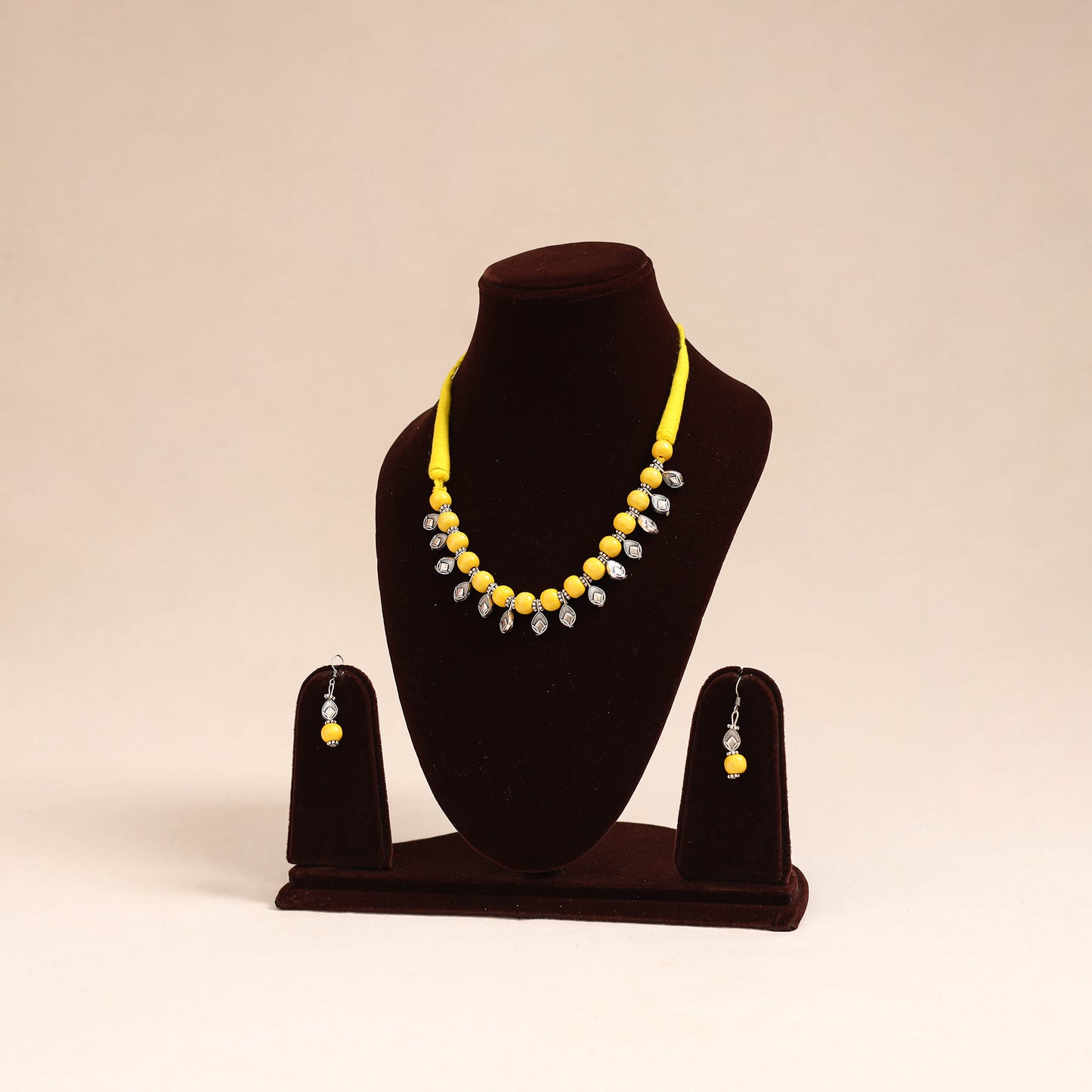 Yellow - german silver wooden beads necklace set 37