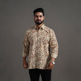 Beige - Pedana Kalamkari Block Print Cotton Men Full Sleeve Shirt