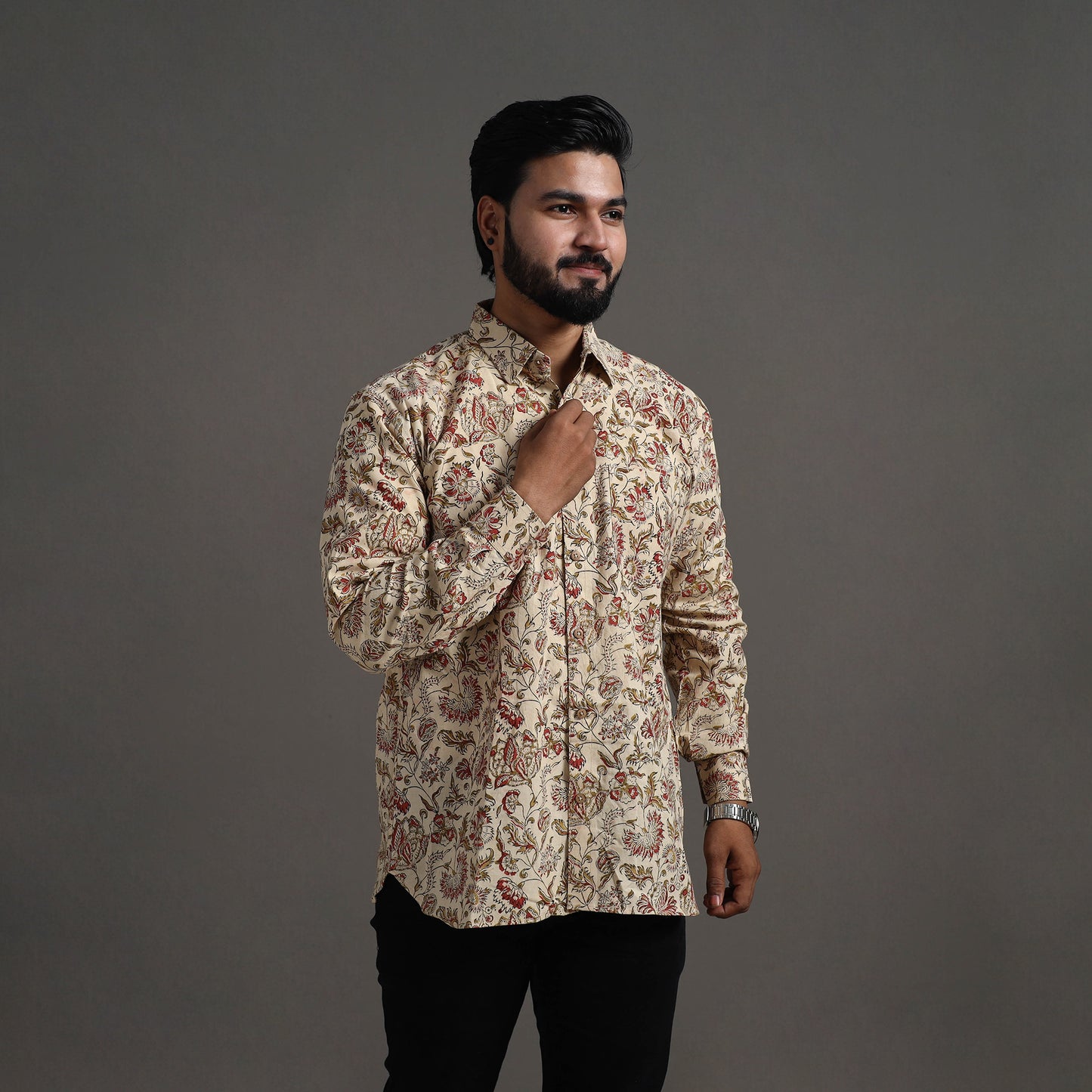 Beige - Pedana Kalamkari Block Print Cotton Men Full Sleeve Shirt