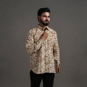 Beige - Pedana Kalamkari Block Print Cotton Men Full Sleeve Shirt