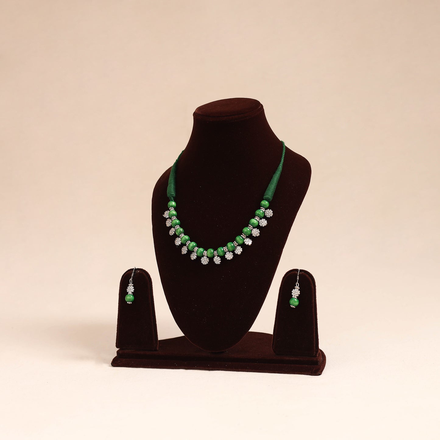 Green - german silver wooden beads necklace set 41