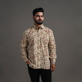 Beige - Pedana Kalamkari Block Print Cotton Men Full Sleeve Shirt