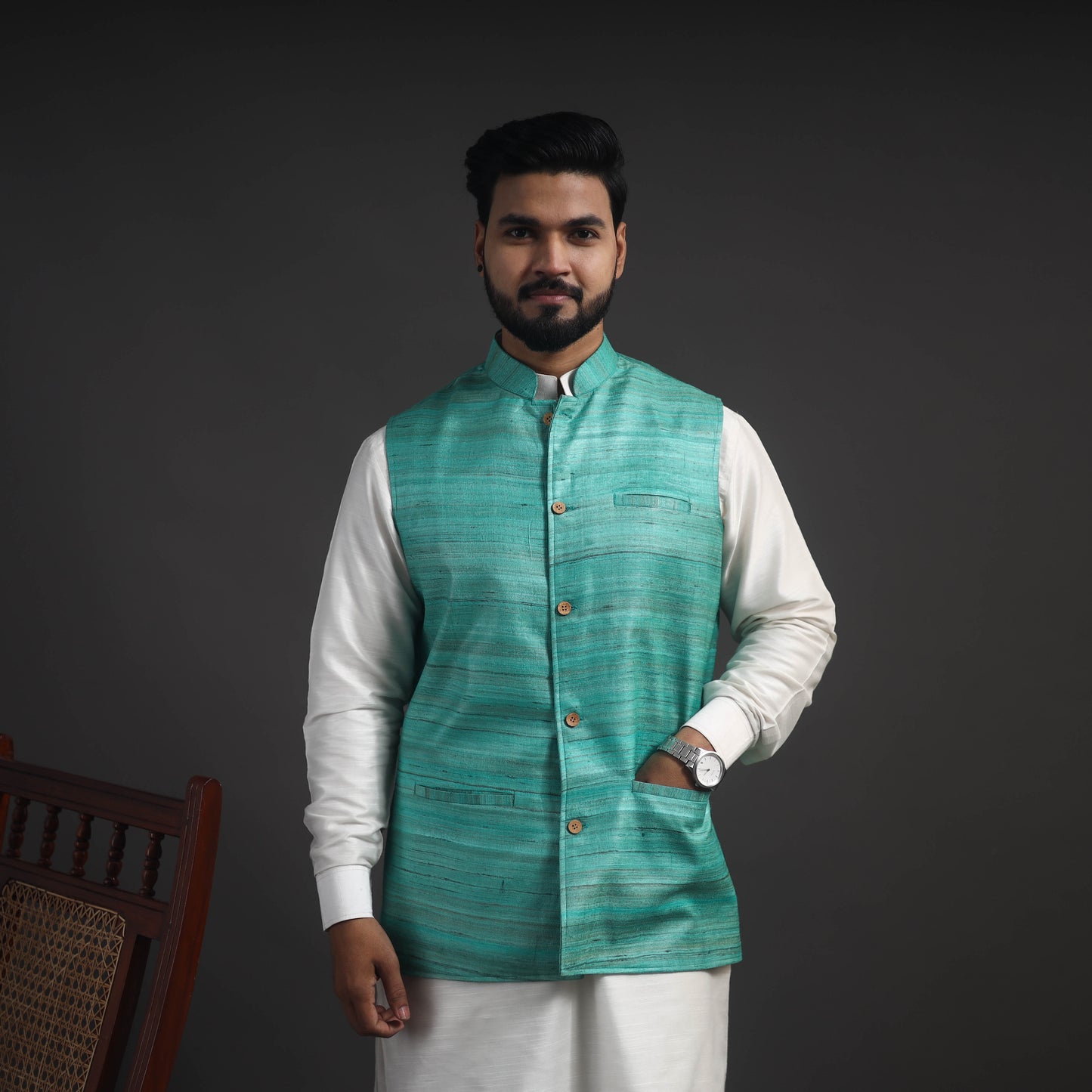 Green - Vidarbha Tussar x Ghicha Silk Handloom Nehru Jacket 02