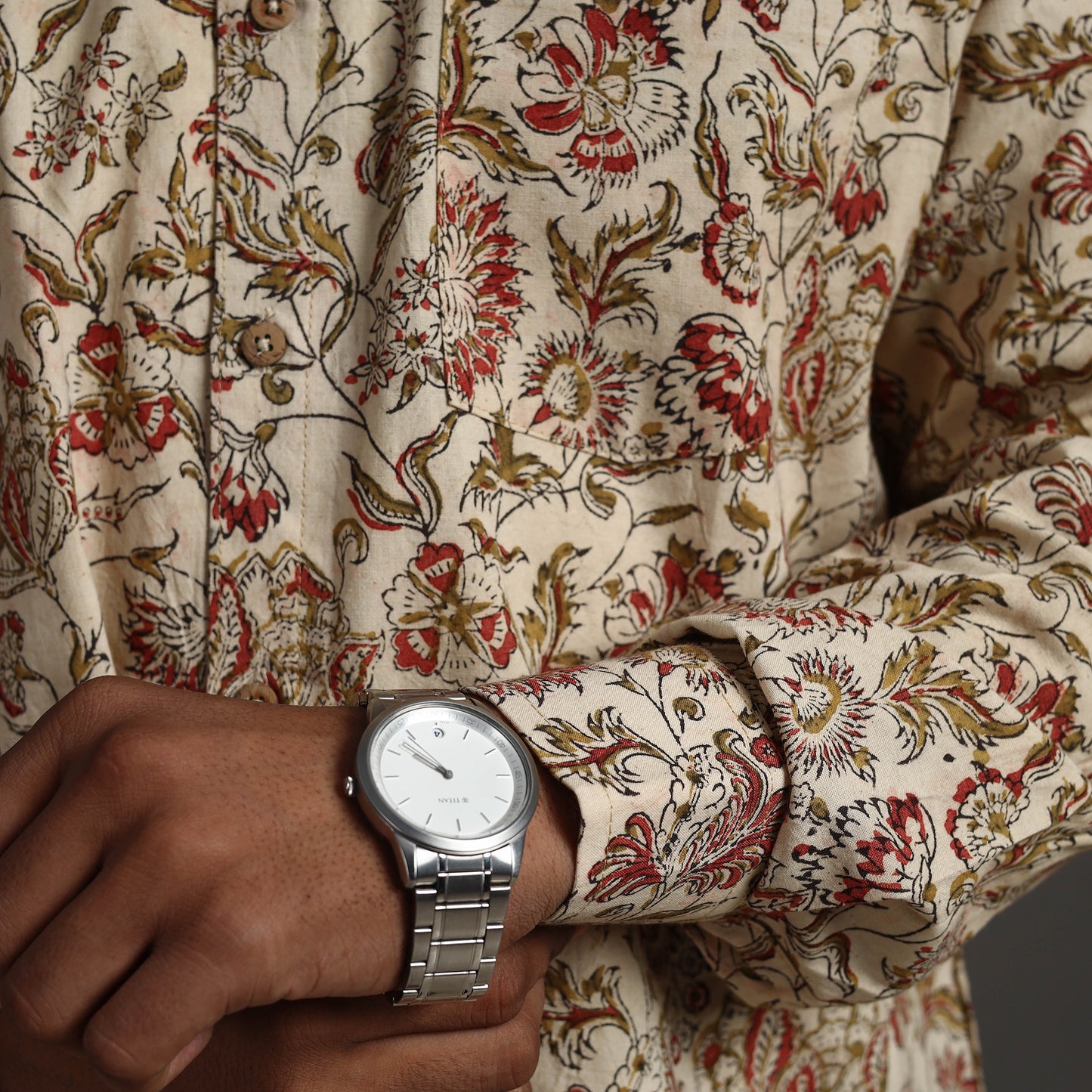 Beige - Pedana Kalamkari Block Print Cotton Men Full Sleeve Shirt