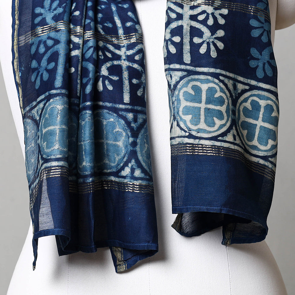 Blue - Pipad Block Printed Chanderi Silk Handloom Stole