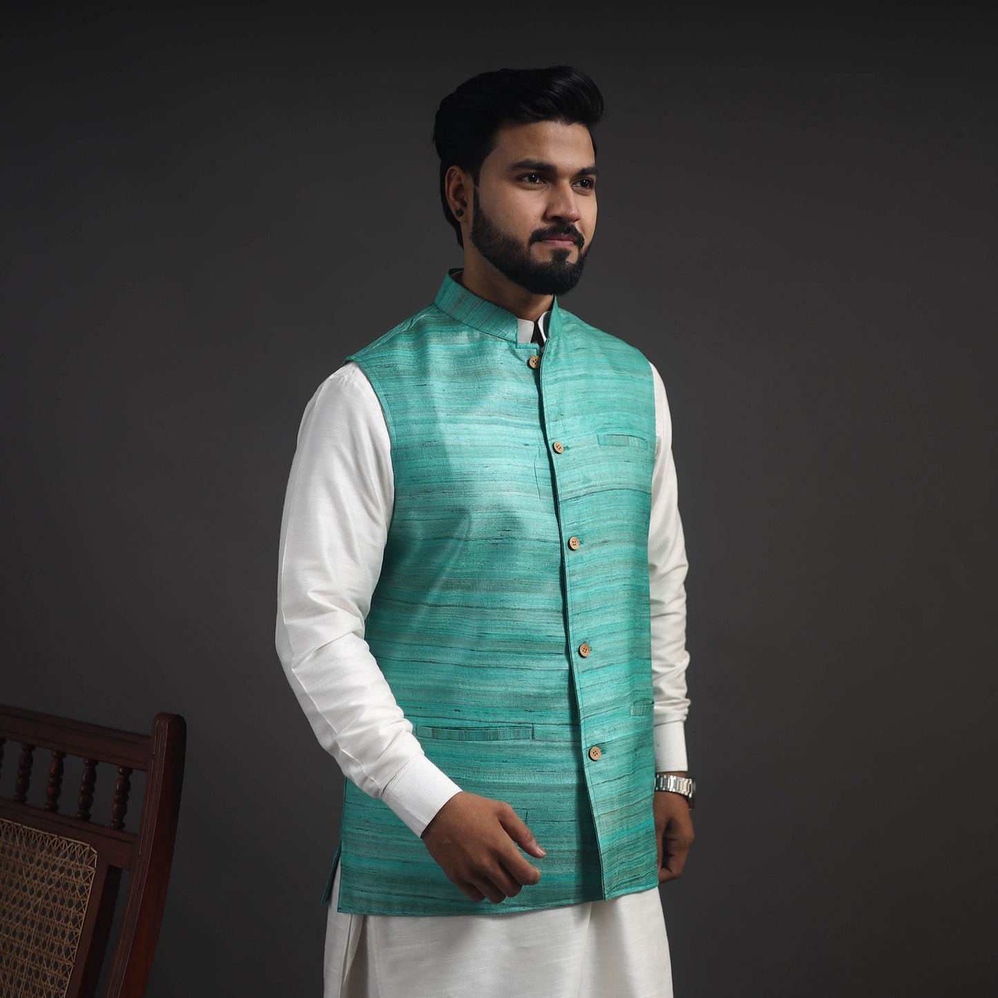 Green - Vidarbha Tussar x Ghicha Silk Handloom Nehru Jacket 02