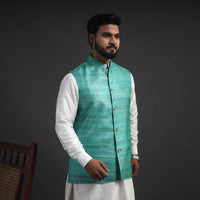 Green - Vidarbha Tussar x Ghicha Silk Handloom Nehru Jacket 02