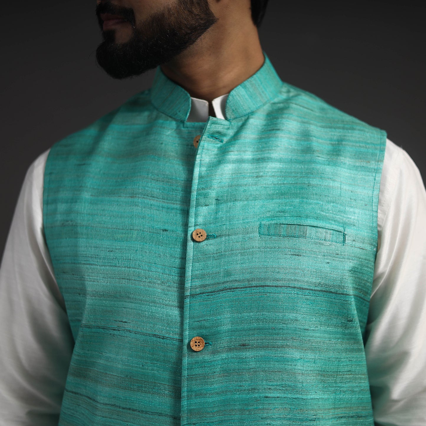 Green - Vidarbha Tussar x Ghicha Silk Handloom Nehru Jacket 02