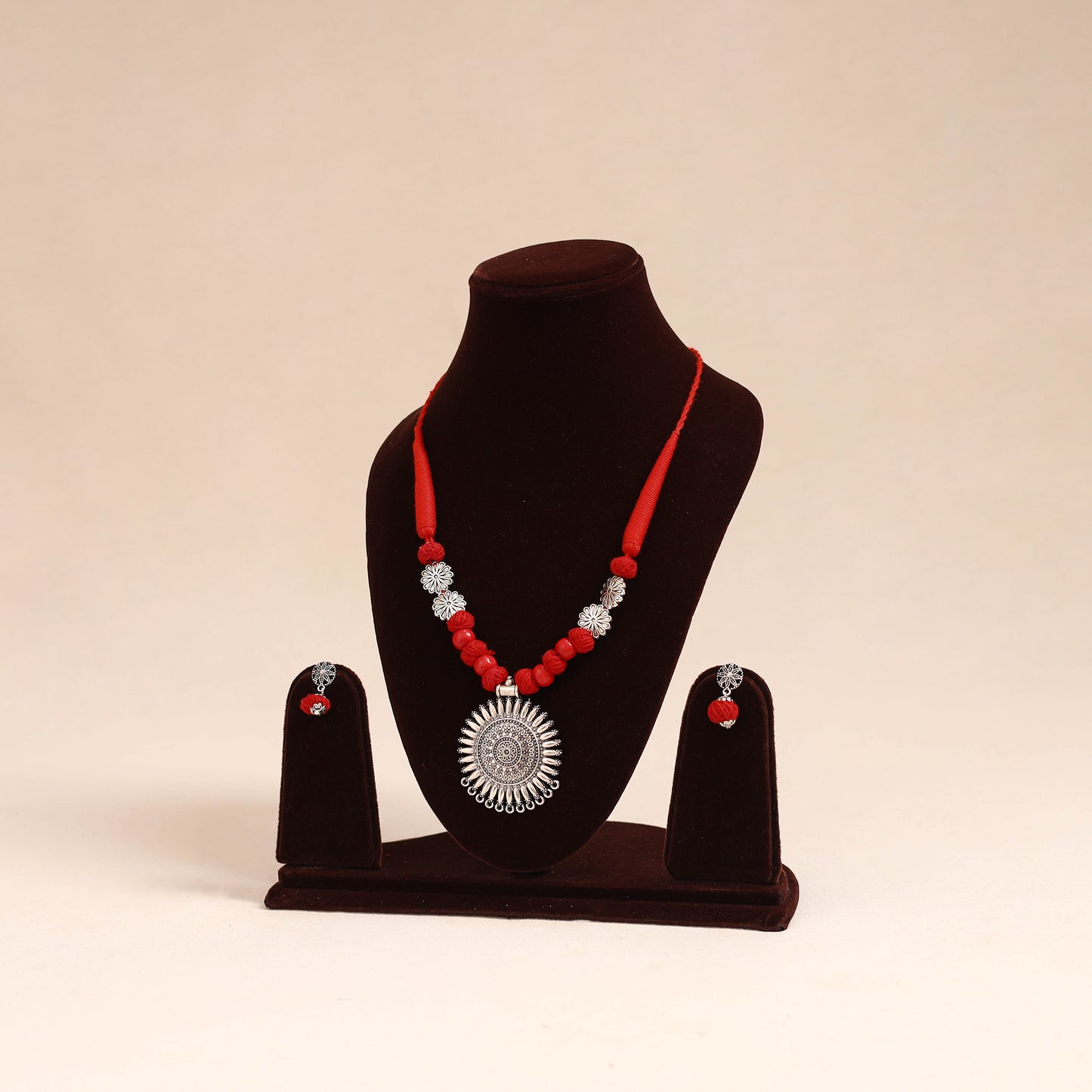 Red - german silver necklace set with beads 48 - handcrafted