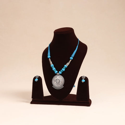 Blue - german silver necklace set with beads 49