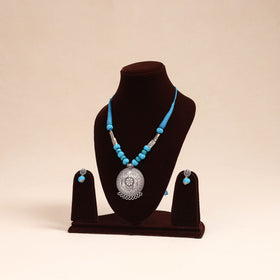 Blue - german silver necklace set with beads 49