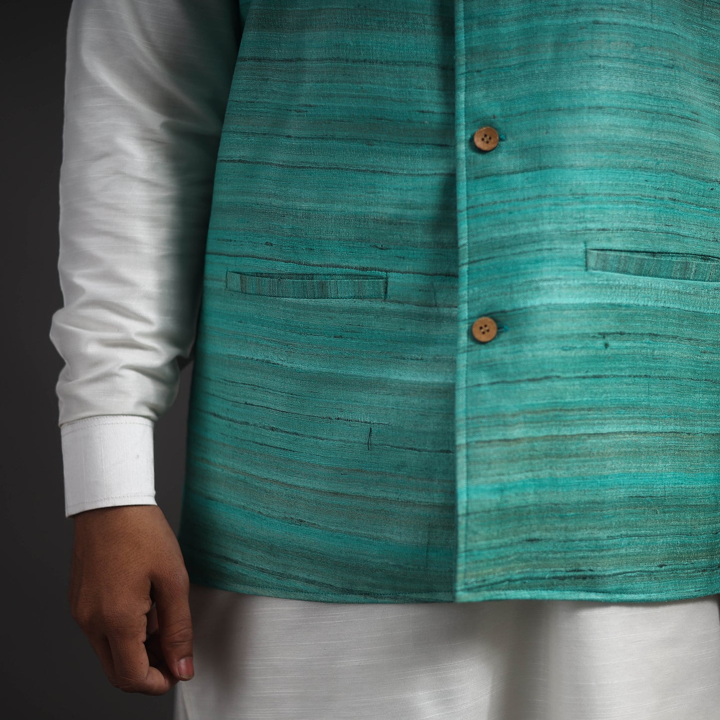 Green - Vidarbha Tussar x Ghicha Silk Handloom Nehru Jacket 02