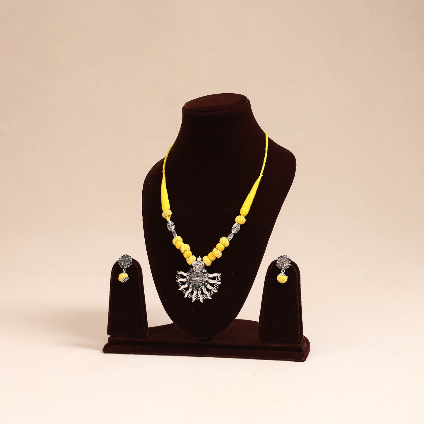Yellow - german silver necklace set with beads 51