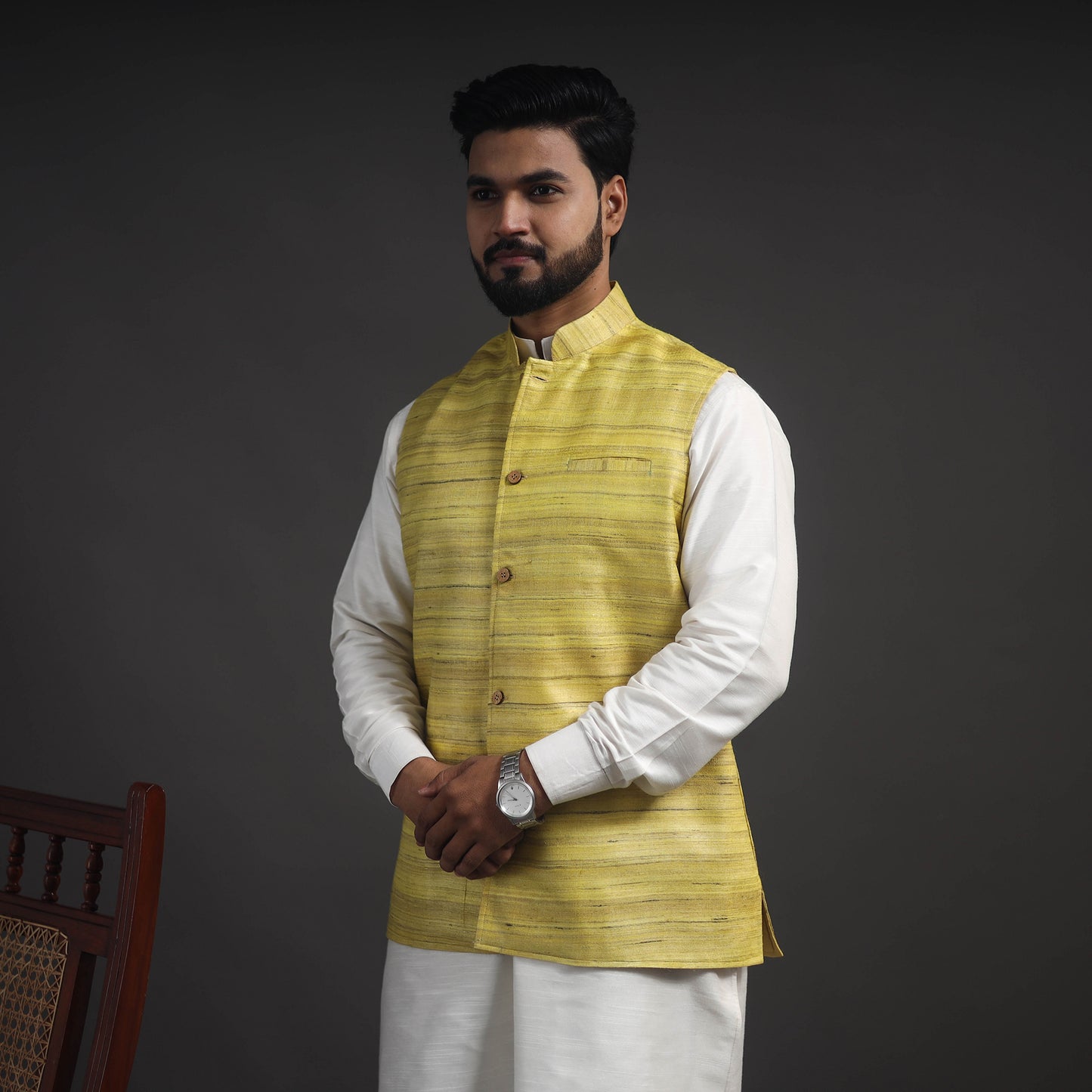 Yellow - Vidarbha Tussar x Ghicha Silk Handloom Nehru Jacket 03