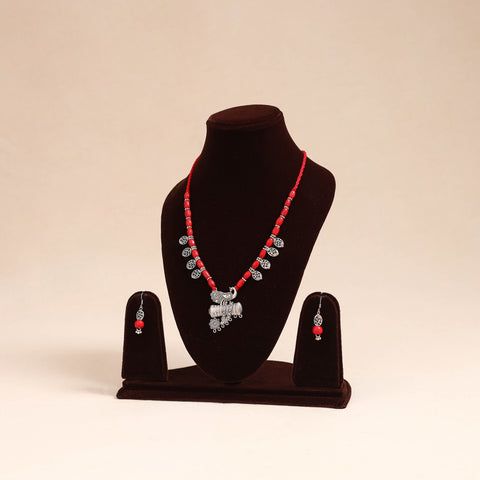 Red - german silver wooden beads necklace set 54