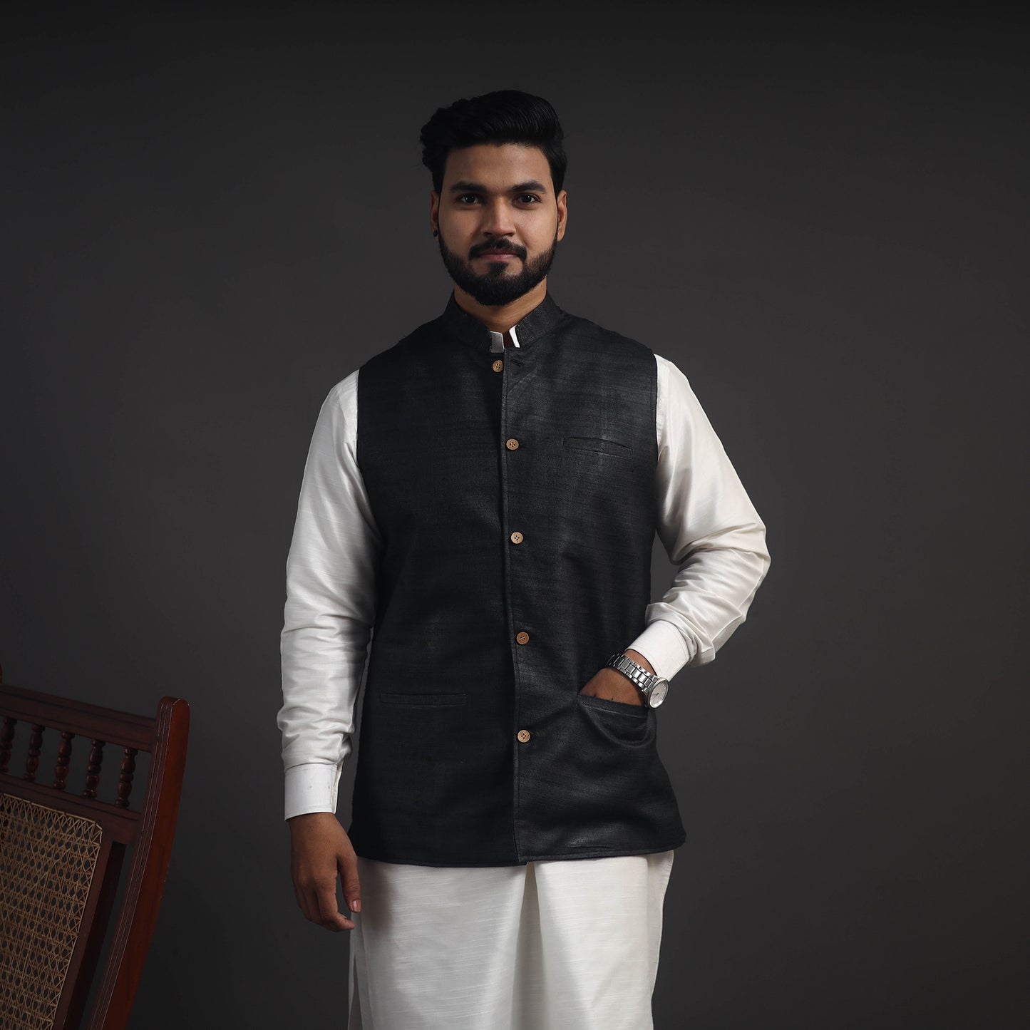 Black - Vidarbha Tussar x Ghicha Silk Handloom Nehru Jacket 01