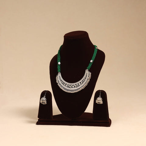 Green - german silver thread braided necklace set 03