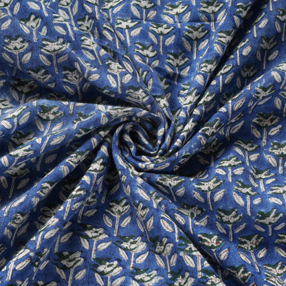 Blue Flower Buds Special Pure Wool Handloom Sanganeri Hand Block Printed Fabric