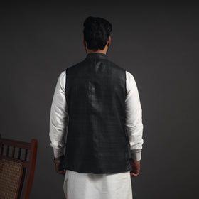 Black Vidarbha Tussar x Ghicha Silk Handloom Nehru Jacket
