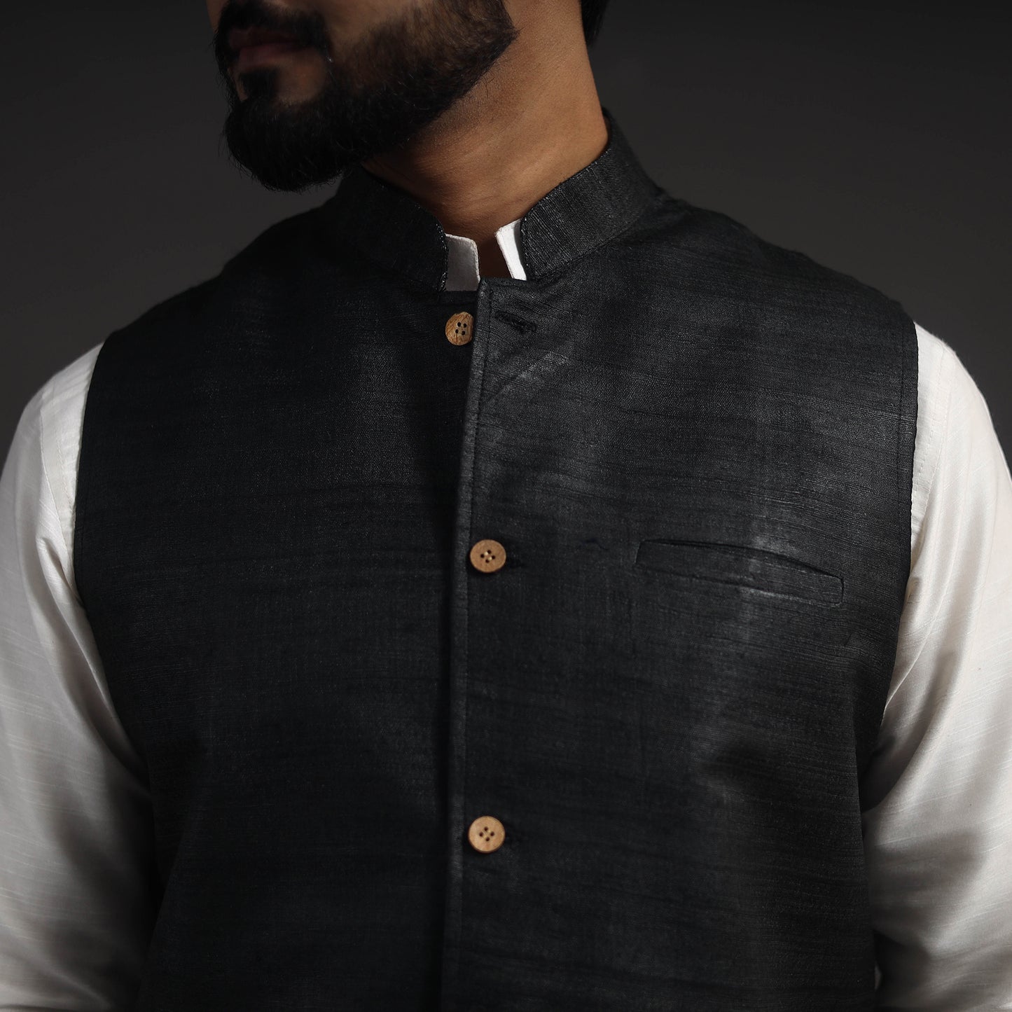 Black - Vidarbha Tussar x Ghicha Silk Handloom Nehru Jacket 01