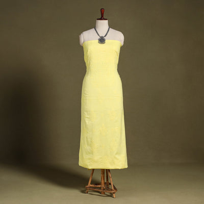 Yellow Hand Embroidery Mul Cotton Chikankari Kurta Material