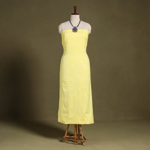 Yellow Hand Embroidery Mul Cotton Chikankari Kurta Material