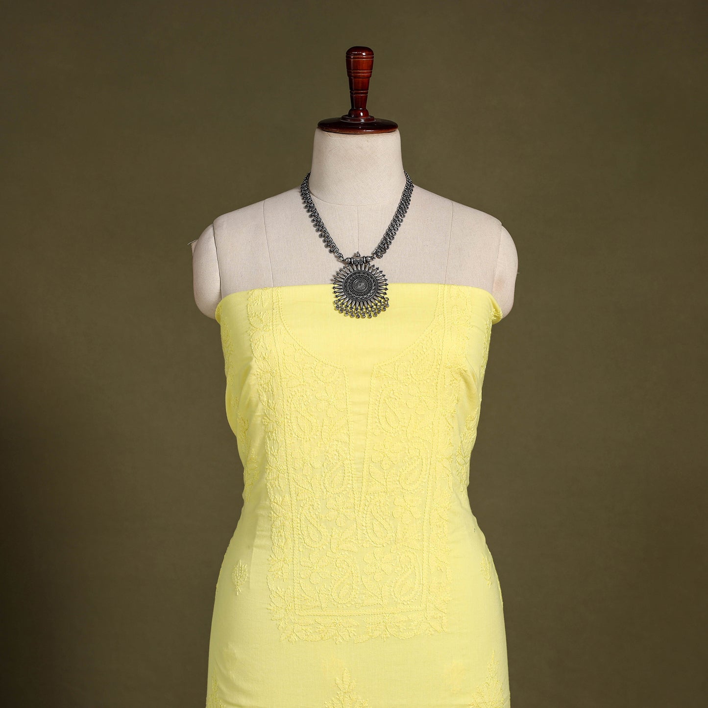 Yellow Hand Embroidery Mul Cotton Chikankari Kurta Material