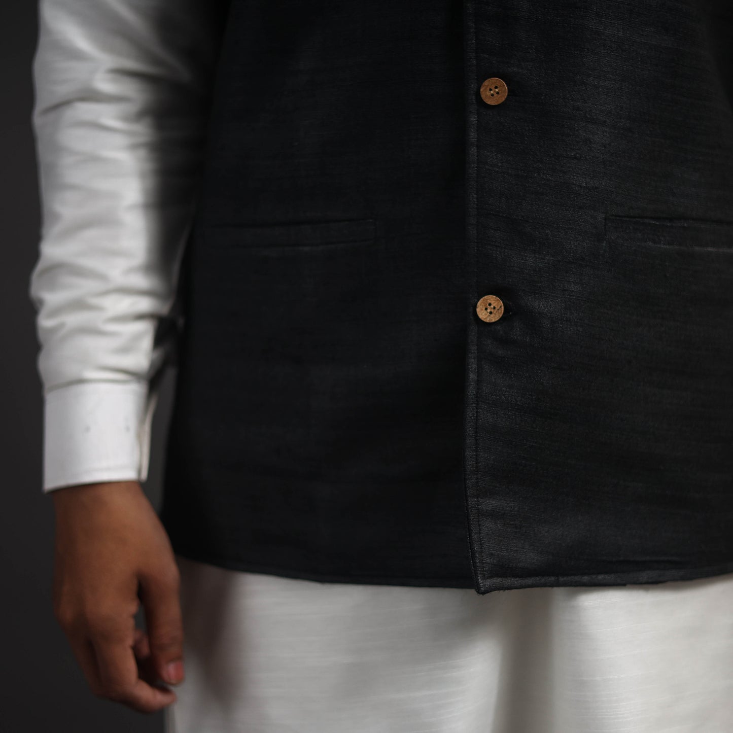 Black - Vidarbha Tussar x Ghicha Silk Handloom Nehru Jacket 01