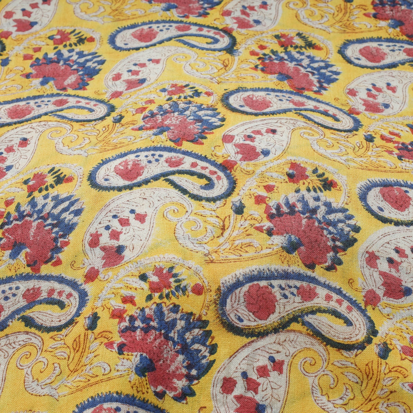 Yellow Paisley Special Pure Wool Handloom Sanganeri Hand Block Printed Fabric
