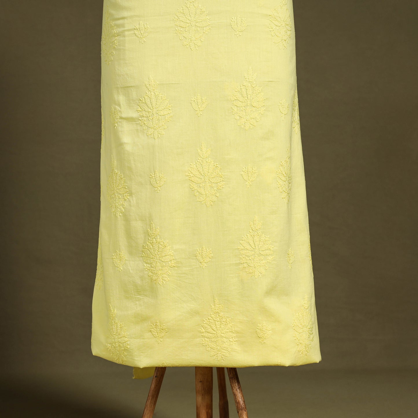 Yellow Hand Embroidery Mul Cotton Chikankari Kurta Material