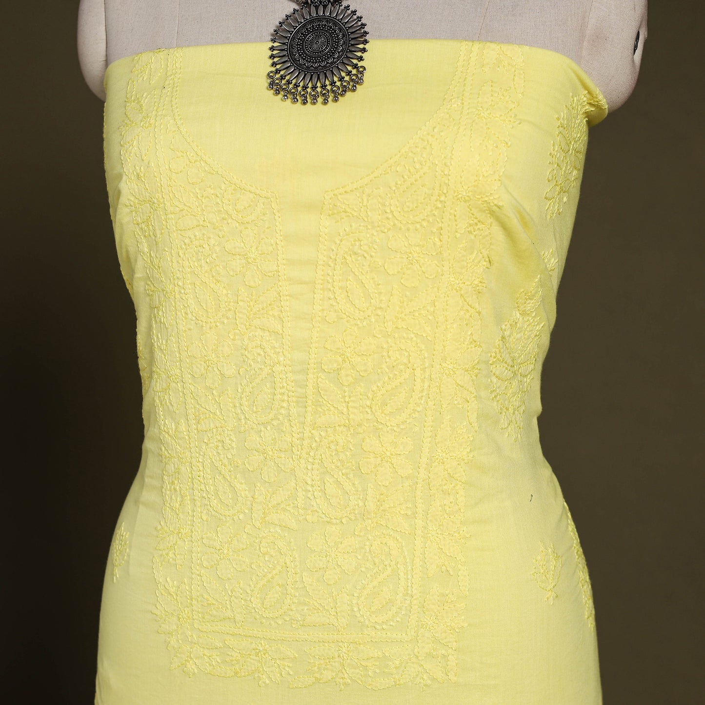 Yellow Hand Embroidery Mul Cotton Chikankari Kurta Material