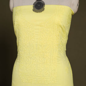 Yellow Hand Embroidery Mul Cotton Chikankari Kurta Material