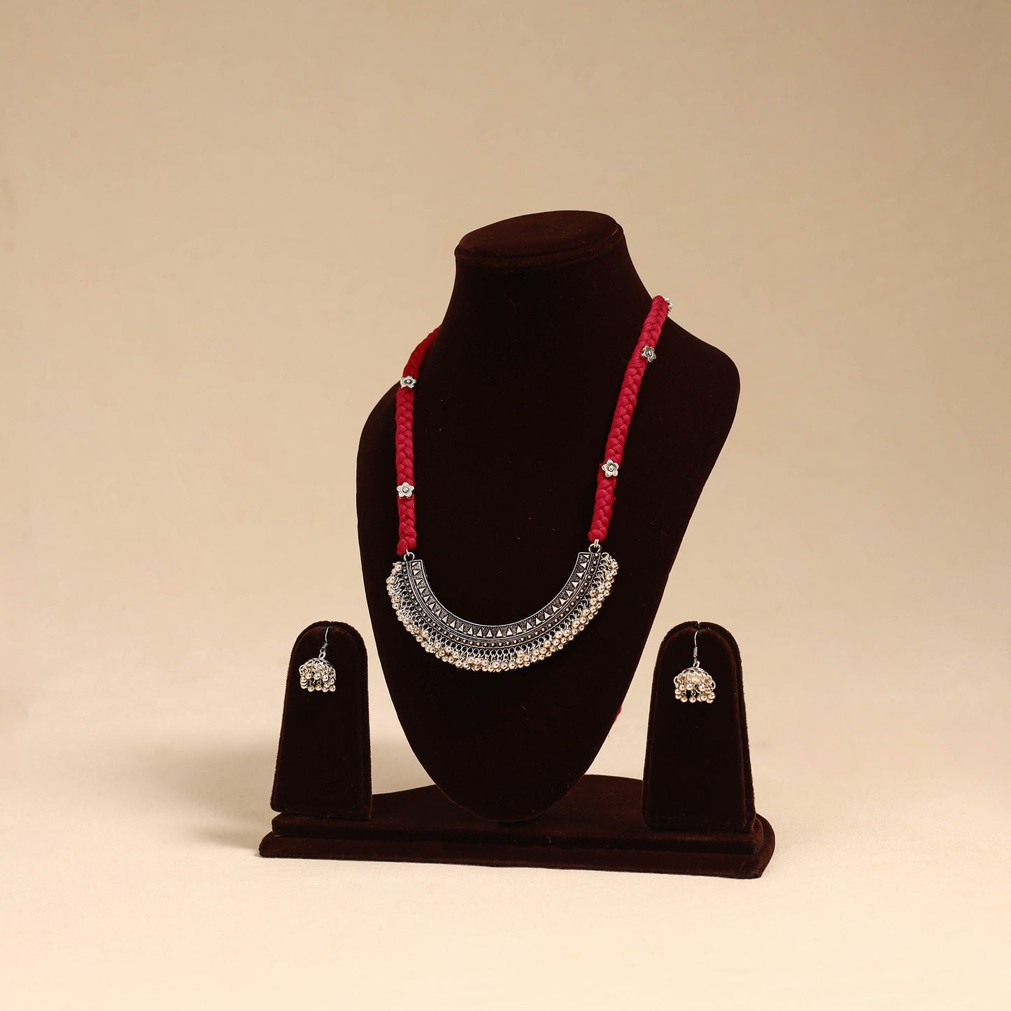 Red - german silver thread braided necklace set 08