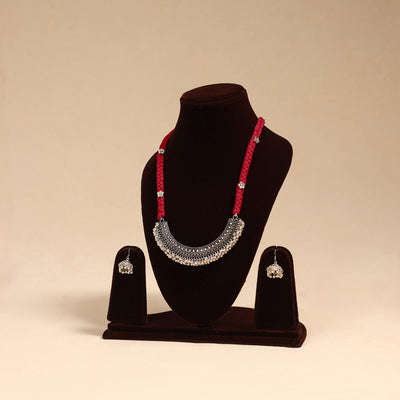 Red - german silver thread braided necklace set 08
