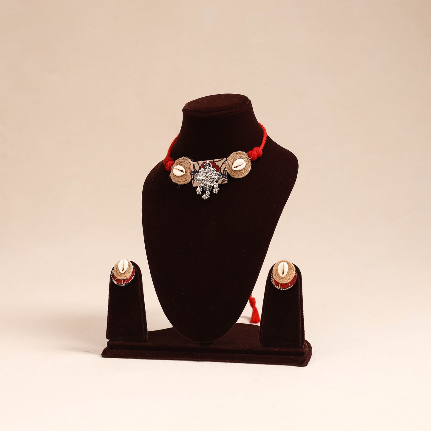 Red - german silver jute & fabart necklace set 69