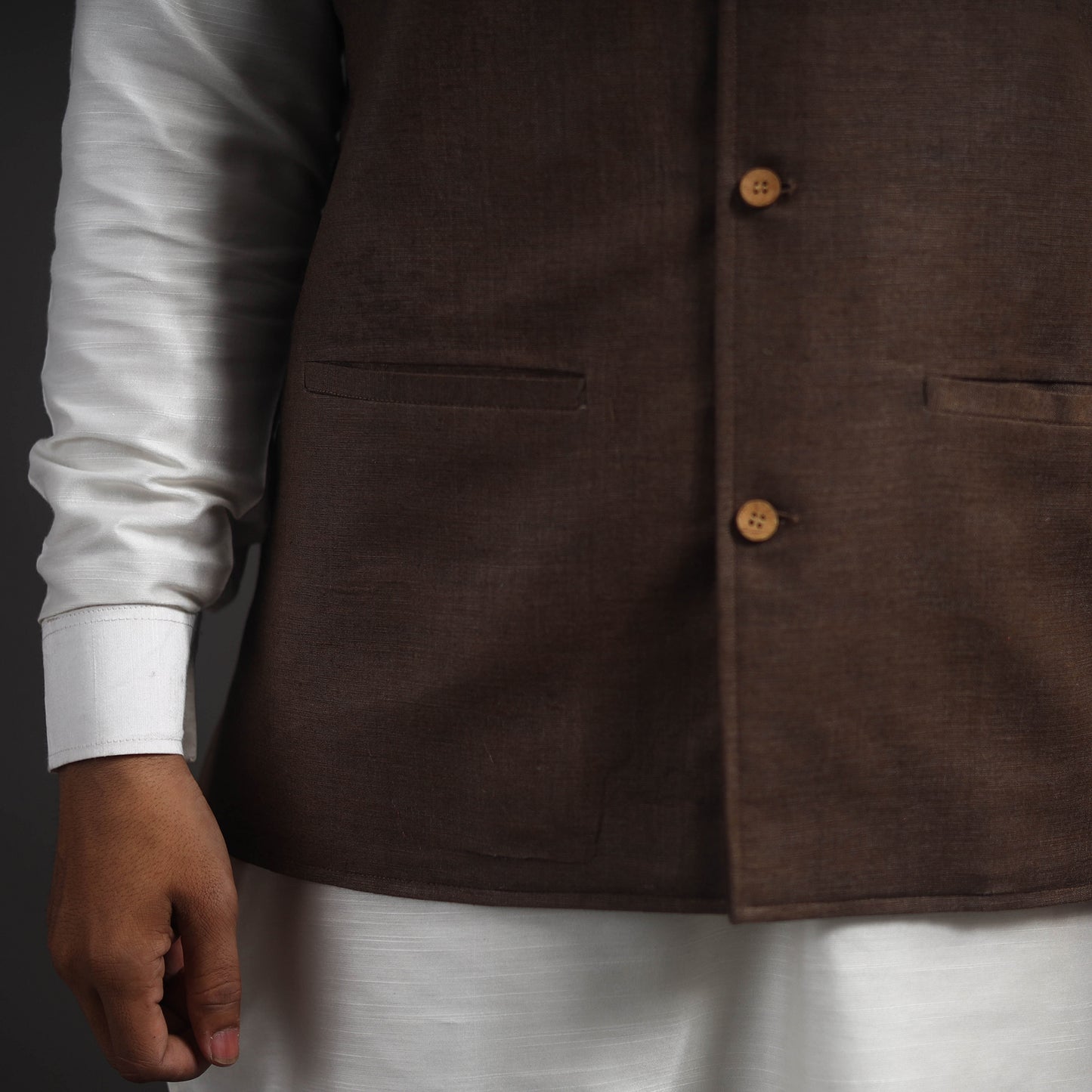 Brown - Vidarbha Tussar x Katia Silk Handloom Nehru Jacket 08