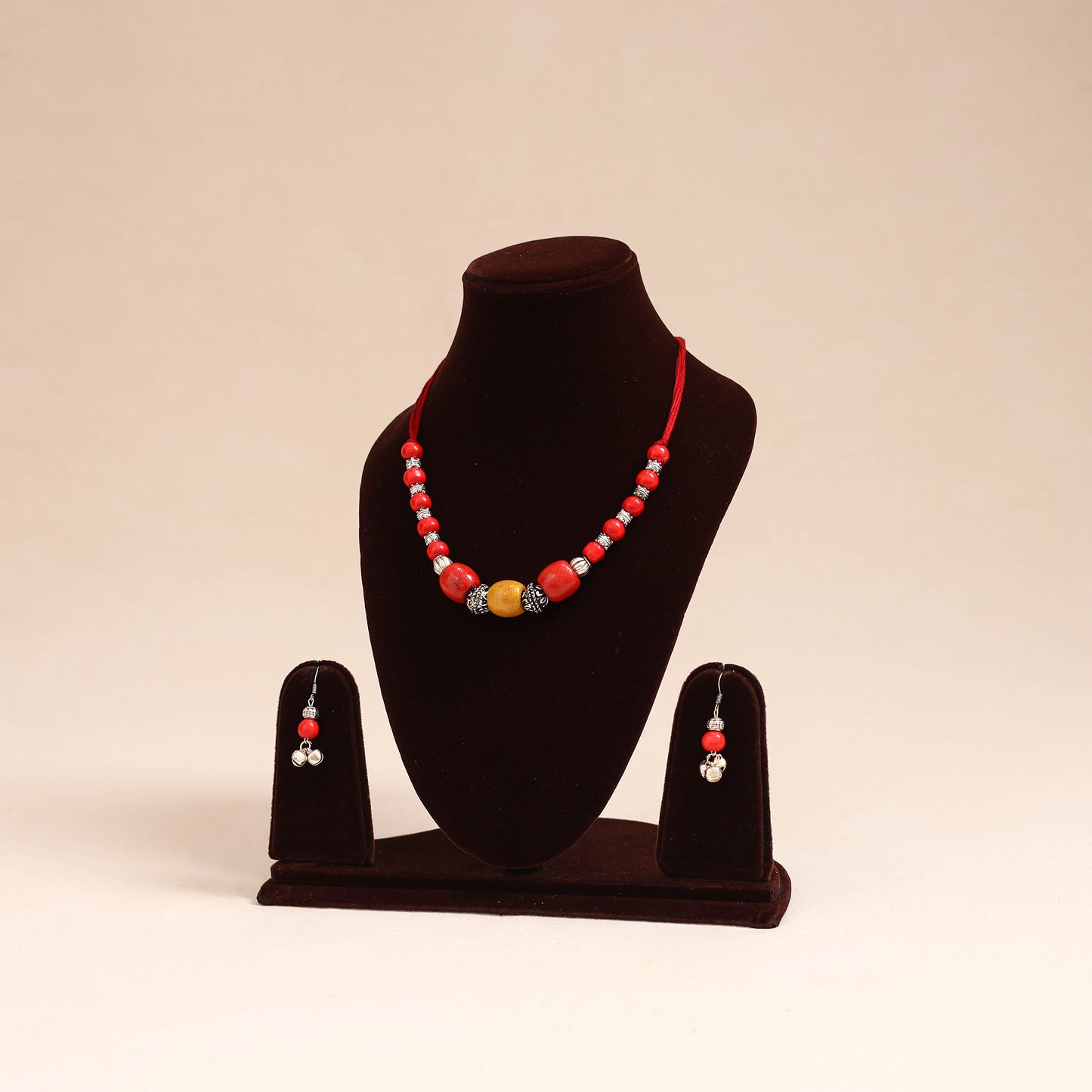 Red - german silver wooden beads necklace set 72