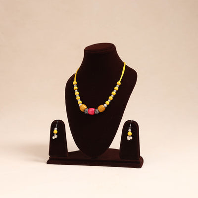 Yellow - german silver wooden beads necklace set 74