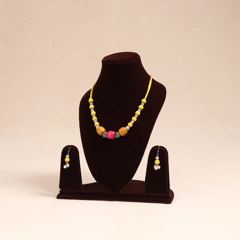 Yellow - german silver wooden beads necklace set 74