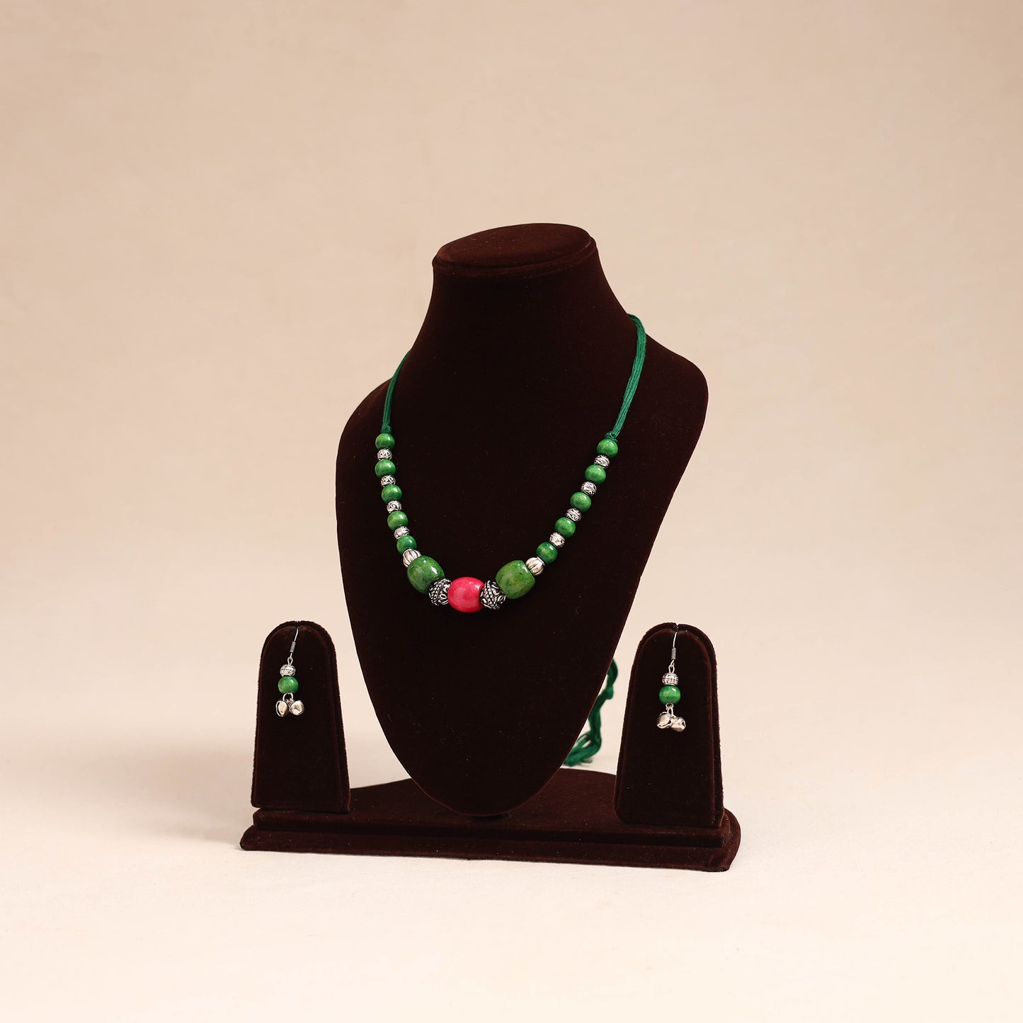 Green - german silver wooden beads necklace set 75