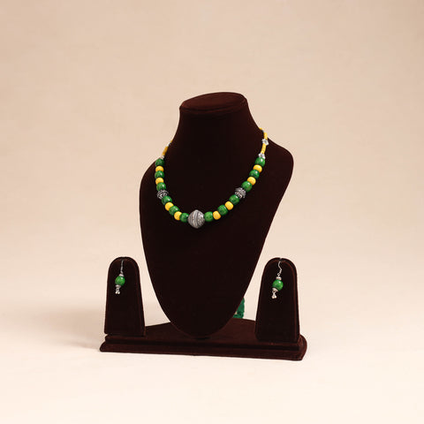 Green - german silver wooden beads necklace set 77