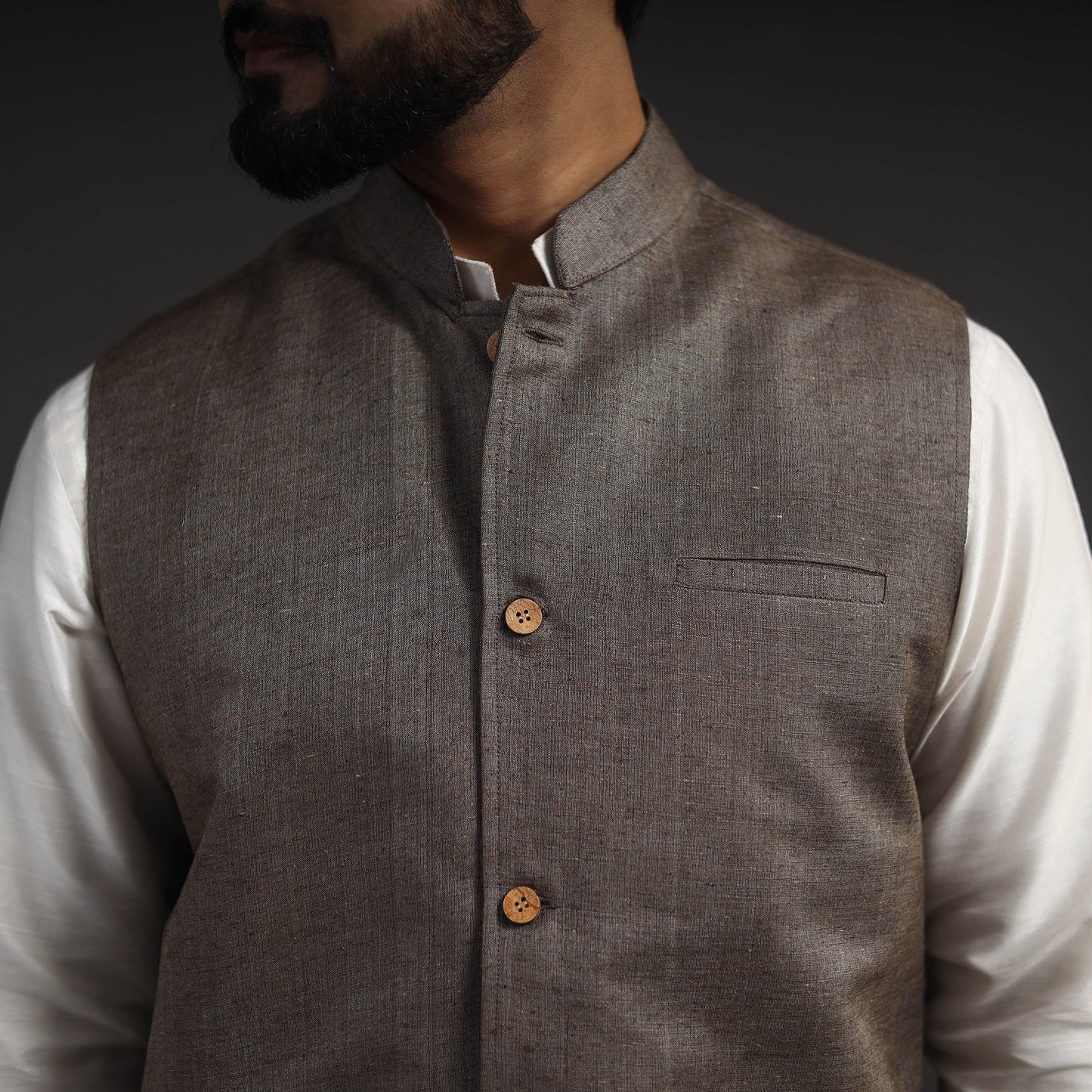 Grey - Vidarbha Tussar x Katia Silk Handloom Nehru Jacket 09