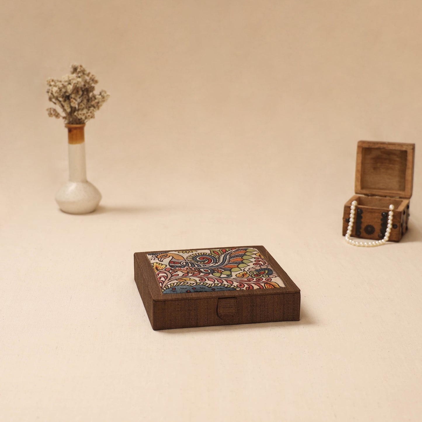 Brown - Handpainted Kalamkari Natural Dyed Ghicha Silk Jewellery Box 06