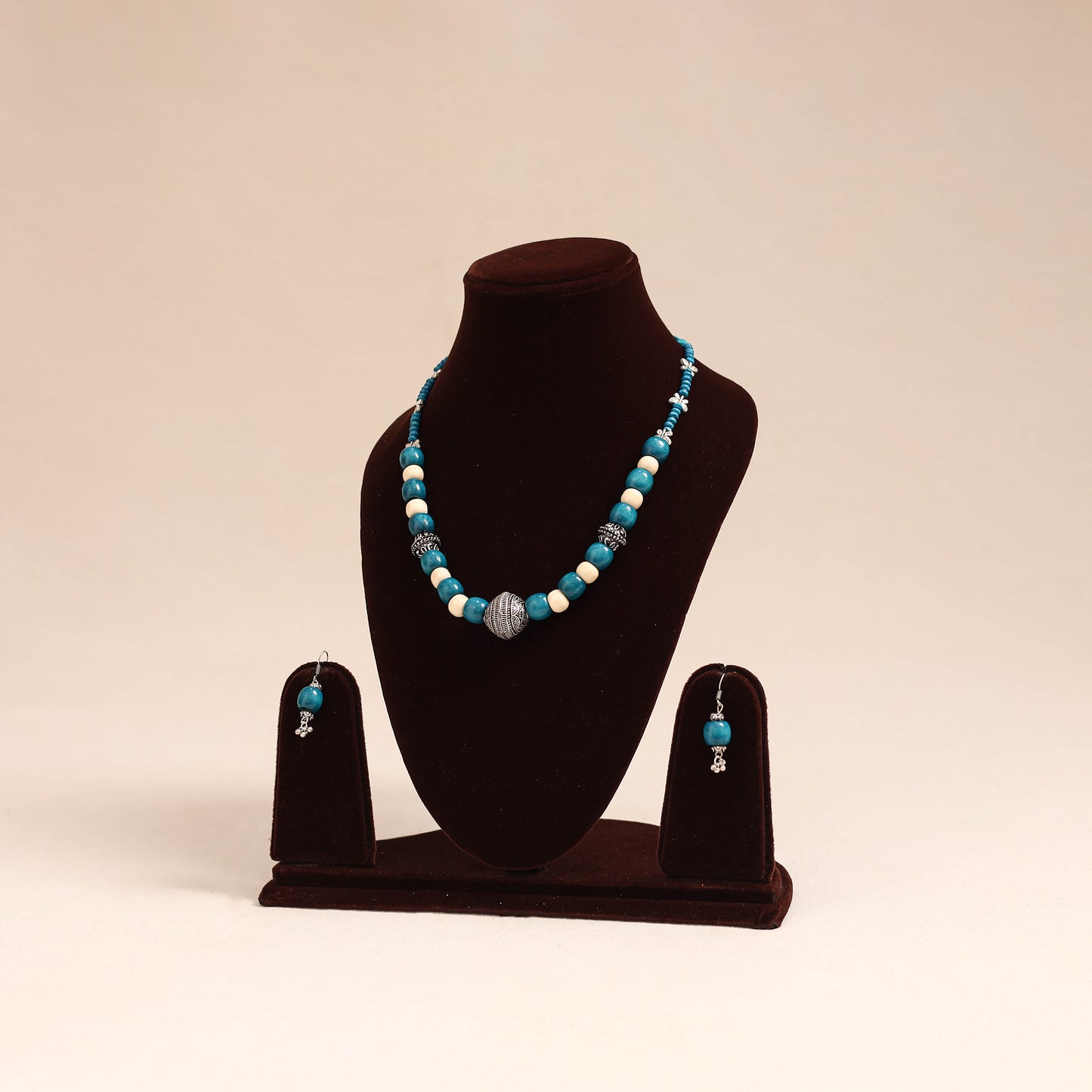 Blue - german silver wooden beads necklace set 81