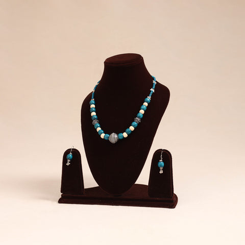 Blue - german silver wooden beads necklace set 81