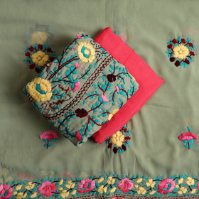 Green 3pc Hand Embroidery Georgette Phulkari Dress Material