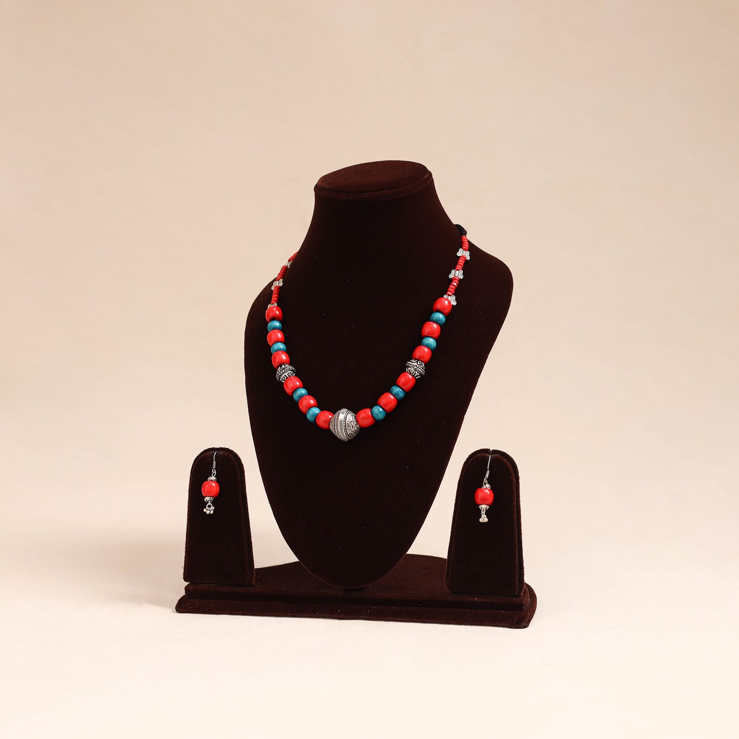 Red - german silver wooden beads necklace set 85