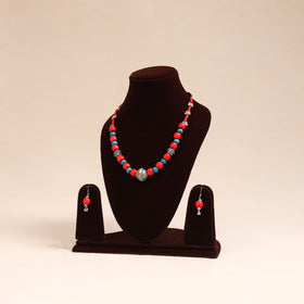 Red - german silver wooden beads necklace set 85